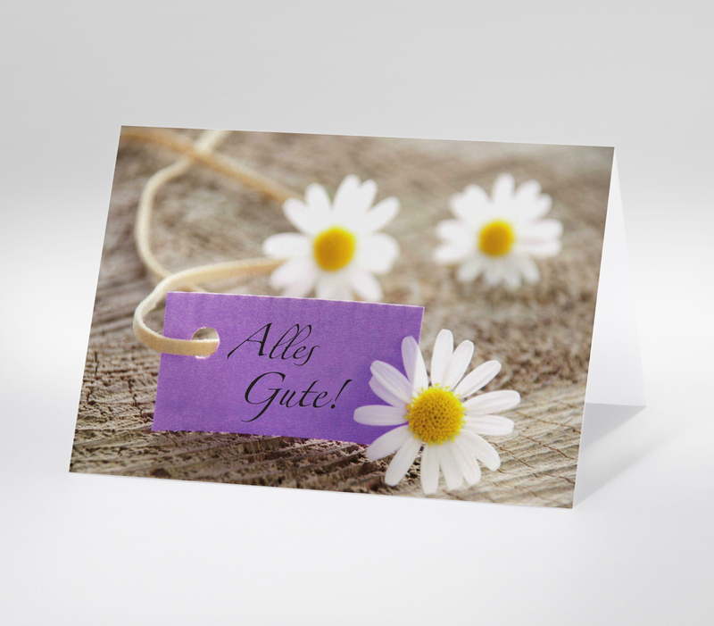 Fotokarte die drei kleine Gäseblümchenblüten auf Holz zeigt. Dabei liegt ein lila Grußzettel mit dem Text Alles Gute.