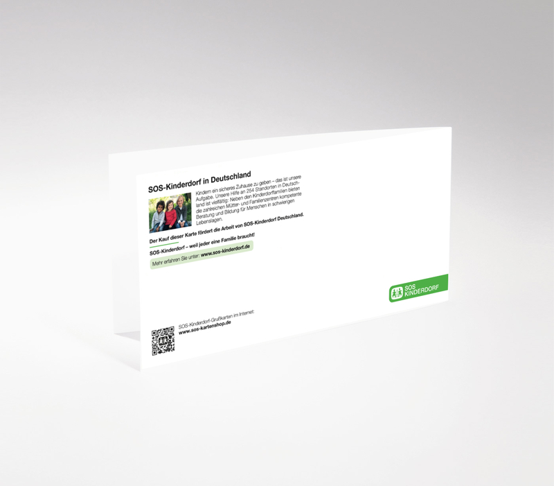 Rückseite mit SOS-Logo und Beschreibung der Arbeit von SOS-Kinderdorf