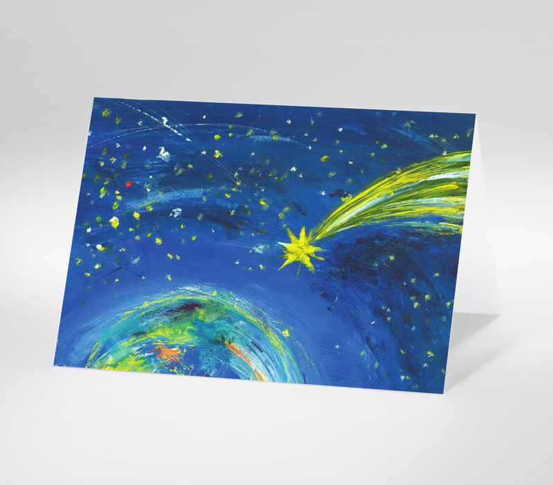 Weihnachtskarte mit gemalter gelber Sternschnuppe und Weltkugel