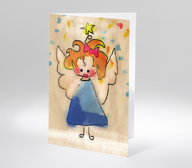 Aquarellzeichnung eines kleinen Engels mit rotem Haar und gelbem Stern