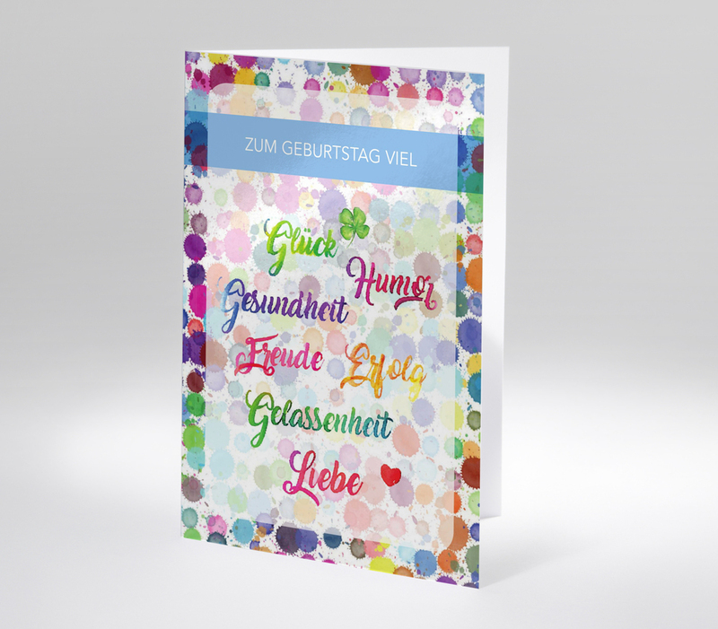 Bunte Geburtstagskarte mit Kleeblatt und Wünschen wie Glück, Gesundheit, Freude und Liebe