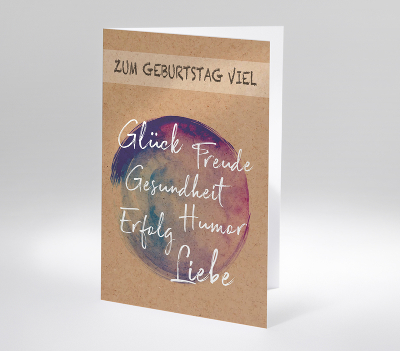 Naturfarbene Geburtstagskarte mit farbigem Aquarellkreis und Wünschen wie Glück, Freude und Gesundheit