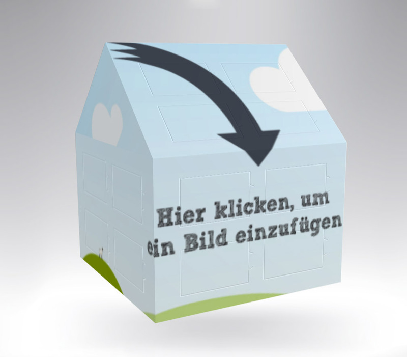 Adventskalender Häuschen zur individuellen Gestaltung mit Platzhalter-Motiv. Kann mit eigenen Bildern, Logos oder Designs personalisiert werden.