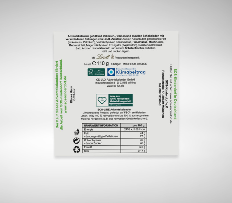 Rückseite mit SOS-Logo und Beschreibung der Arbeit von SOS-Kinderdorf