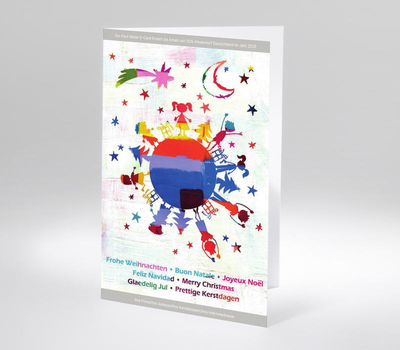Digitale Weihnachtskarte, die eine gemalte abstrakte bunte Weltkugel zeigt, auf der Kinder fröhlich mit Geschenken und Weihnachtsbäumen stehen. Unten steht Frohe Weihnachten in mehreren Sprachen.