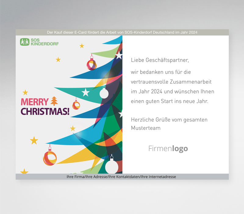 Digitale Weihnachtskarte die einen bunten halben Weihnachtsbaum von Spitze bis Baumstamm auf weißem Hintergrund zeigt. Dieser ist mit zwei weißen und drei orangenen Kugeln geschmückt. Die Karte ist zusätzlich dezent mit Sternen verziert. Links neben dem B