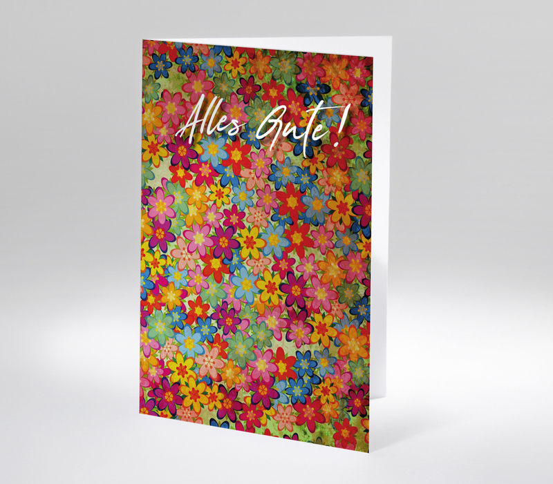 Bunte Blumenillustration mit Schriftzug Alles Gute! auf grünem Hintergrund