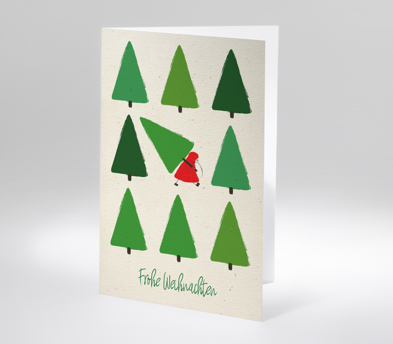 Minimalistische Weihnachtskarte mit grünen Bäumen und rotem Weihnachtsmann