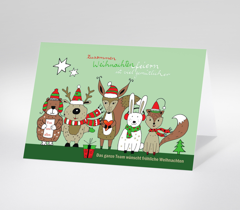 Weihnachtskarte mit Tieren in Mützen und Text Das ganze Team wünscht fröhliche Weihnachten