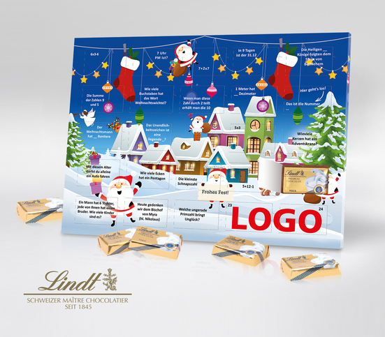 Rätsel-Tischadventskalender von Lindt mit einem fröhlichen comicartigen Weihnachtsdorf mit Weihnachtsmännern. Auf jedem Türchen steht ein kurzes Rätsel, dass hilft, die richtige Zahl und damit das Türchen des Tages zu finden. Unten rechts ist Platz für ei
