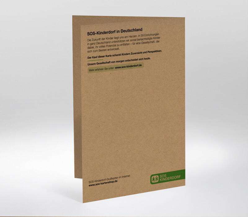 Rückseite mit SOS-Logo und Beschreibung der Arbeit von SOS-Kinderdorf