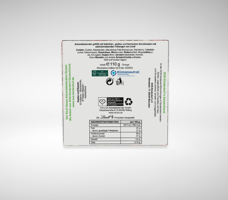 Rückseite mit SOS-Logo und Beschreibung der Arbeit von SOS-Kinderdorf