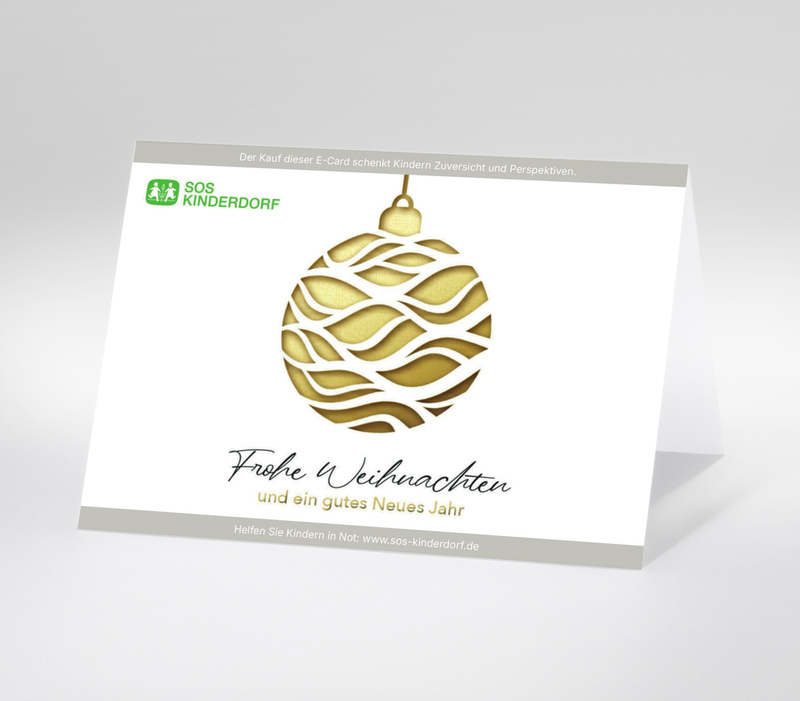 Edel wirkende digitale Weihnachtskarte die eine goldene Weihnachtskugel auf weißem Hintergrund zeigt. Darunter steht in Schreibschrift Frohe Weihnachten und ein gutes Neues Jahr.