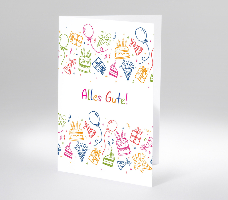 Bunte Geburtstagskarte mit gezeichneten Luftballons, Torten und Geschenken und Aufschrift Alles Gute