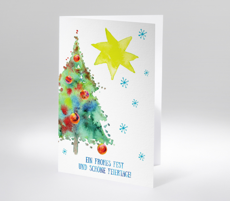 Weihnachtskarte mit Aquarell-Weihnachtsbaum, gelbem Stern und Schneeflocken