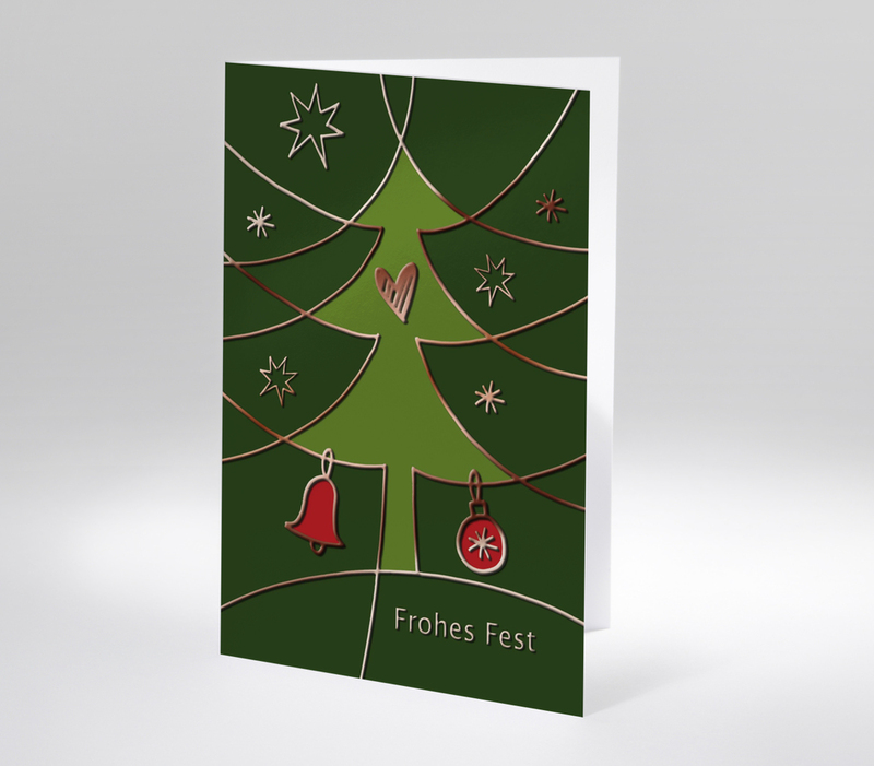 Weihnachtskarte mit stilisiertem grünen Tannenbaum und roten Weihnachtskugeln