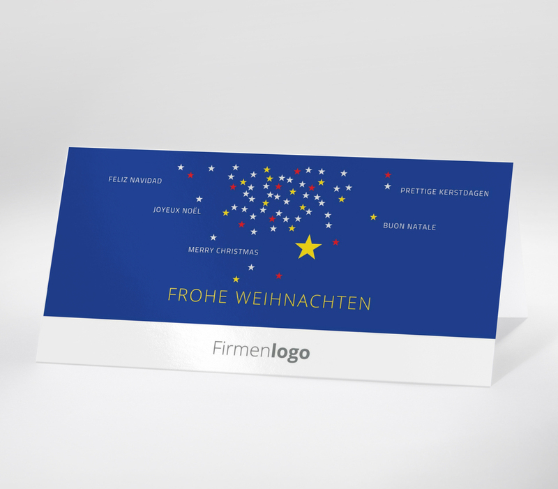 Weihnachtskarte mit Weihnachtsgrüßen in mehreren Sprachen auf blauem Hintergrund mit Sternen
