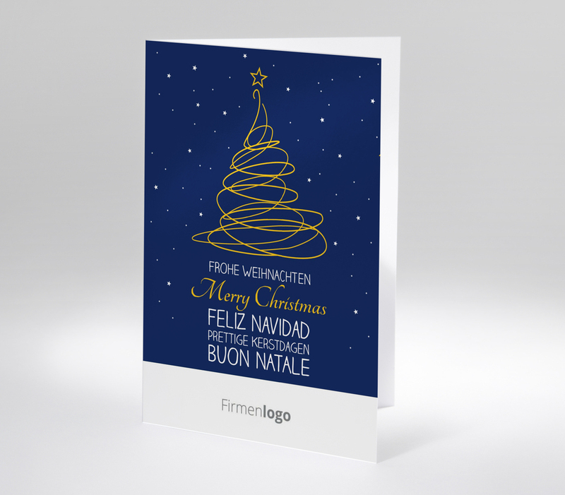 Weihnachtskarte mit goldenem Linienbaum auf nachtblauem Sternenhintergrund in mehreren Sprachen