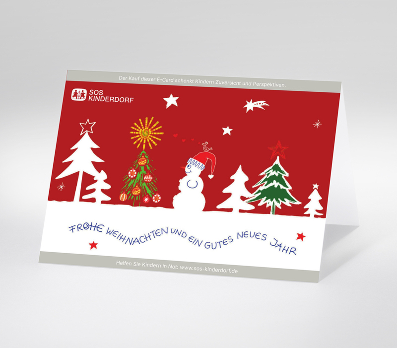 Digitale Weihnachtskarte mit gemaltem Schneemann, buntem Weihnachtsbaum und roten Hintergrund. Darunter steht in Wellen Frohe Weihnachten und ein gutes Neues Jahr.