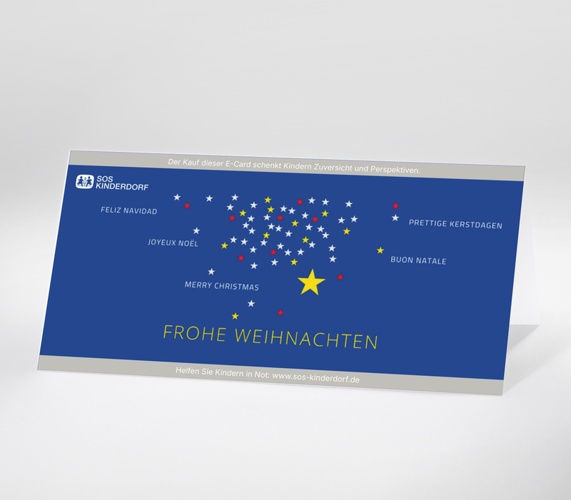 Digitale Weihnachtskarte mit Weihnachtsgrüßen in mehreren Sprachen auf blauem Hintergrund mit Sternen.