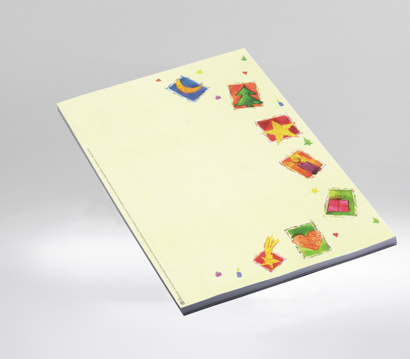 Gelbliches A4-Briefpapier mit eckigen bunten Weihnachtssymbolen am rechten Seitenrand - Baum, Kerze, Tanne, Sternschnuppe, Geschenk und Herz. 