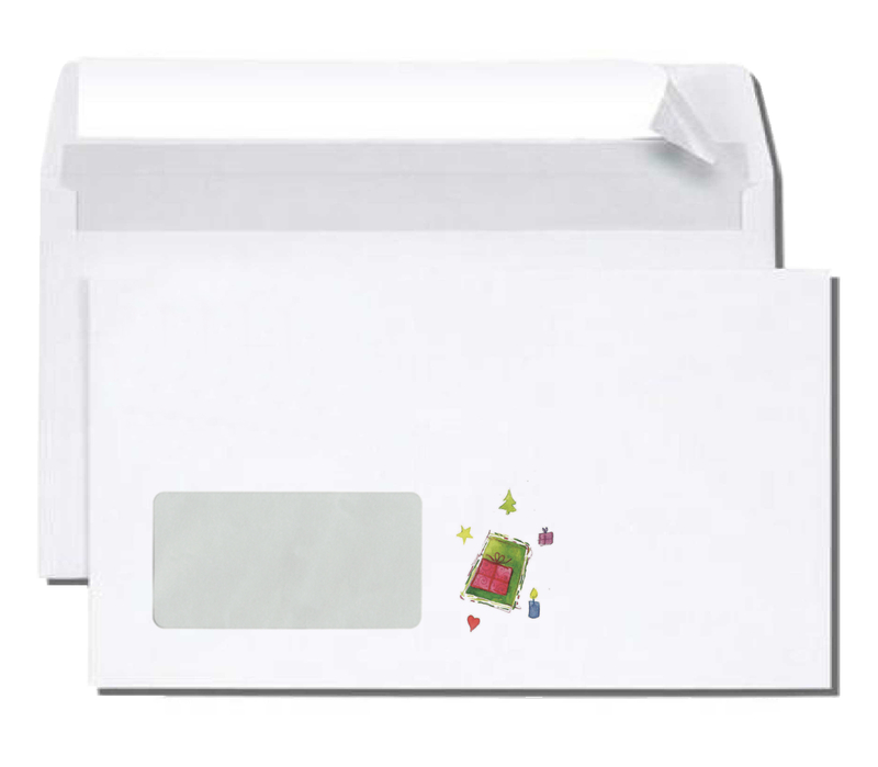 Weißes selbstklebendes Kuvert mit Fenster und weihnachtlichem Motiv: Neben dem Fenster ist ein buntes Geschenk umgeben von kleinen Weihnachtssymbolen.