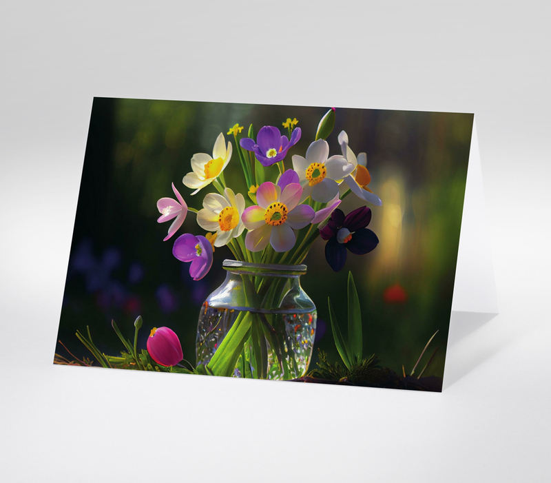 Frühlingshafter Blumenstrauß in Glasvase mit dunklem Naturhintergrund