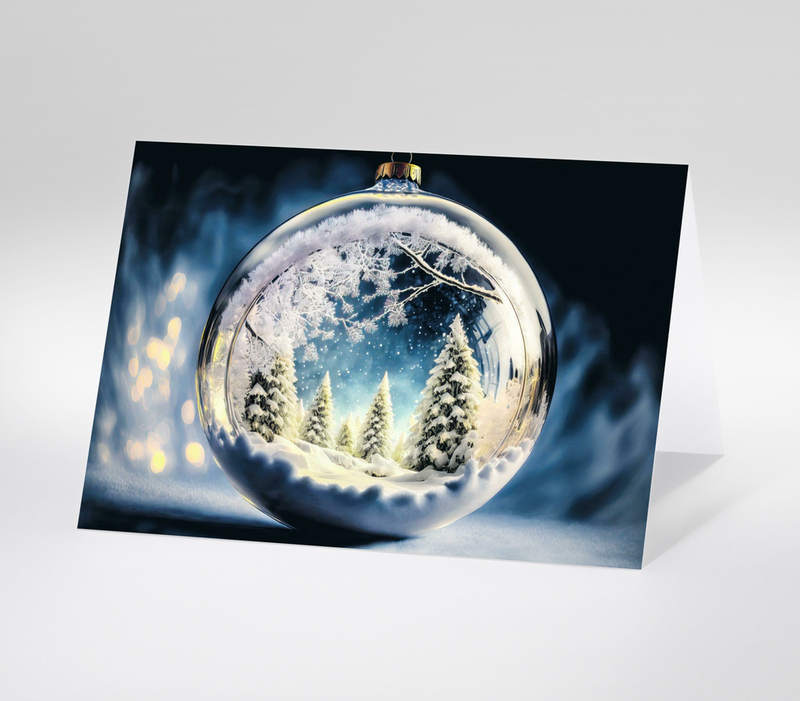 Winterlandschaft in einer gläsernen Christbaumkugel mit verschneiten Tannen