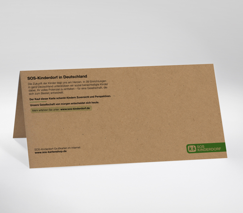 Rückseite mit SOS-Logo und Beschreibung der Arbeit von SOS-Kinderdorf