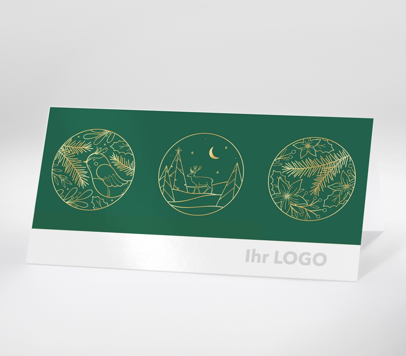 Drei goldene Weihnachtsillustrationen auf grünem Hintergrund mit Vogel, Hirsch und Weihnachtsstern.