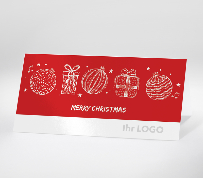 Rote Weihnachtskarte mit weißen Skizzen von Kugeln und Geschenken und dem Text Merry Christmas.