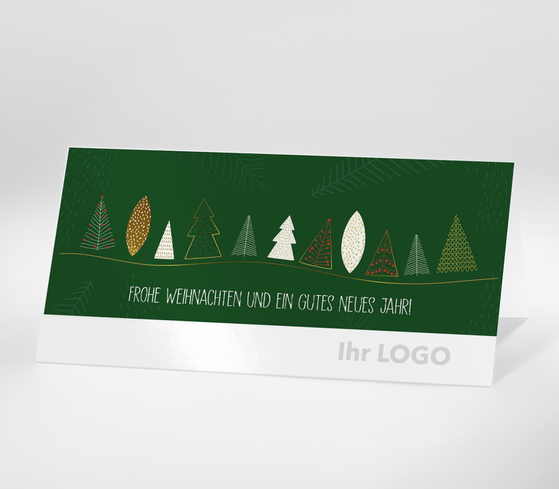 Weihnachtskarte mit stilisierten Weihnachtsbäumen und dem Text Frohe Weihnachten und ein gutes neues Jahr.