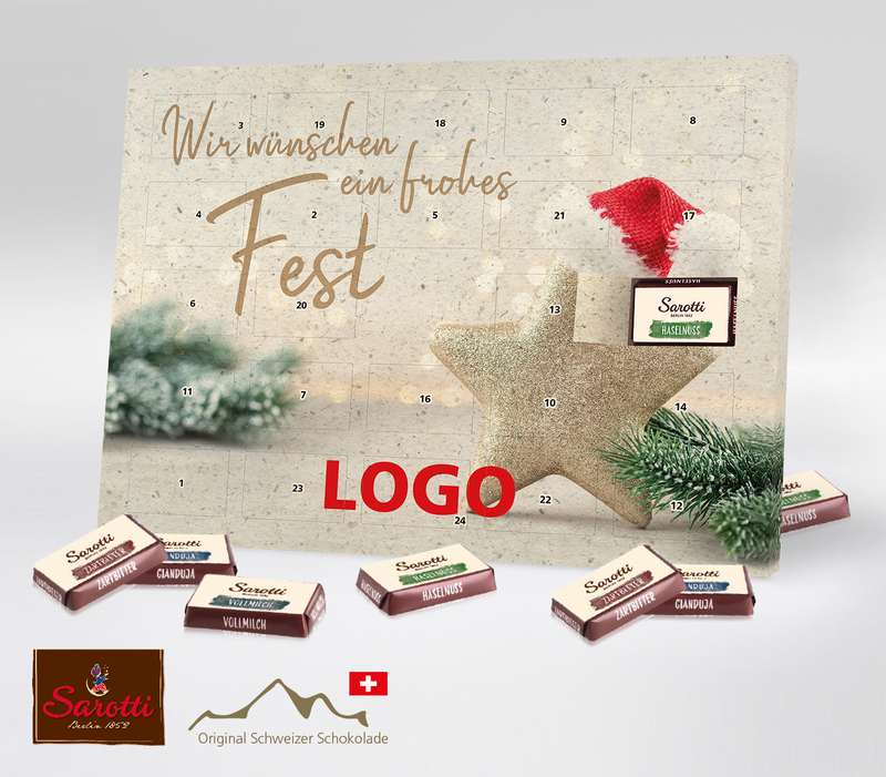 Tisch-Adventskalender von Sarotti aus Graspapier. Abgebildet ist ein weihnachtlicher Stern mit Weihnachtsmütze. Daneben liegt ein Tannenzweig. In der linken Ecke steht Wir wünschen Ihnen ein frohes Fest.