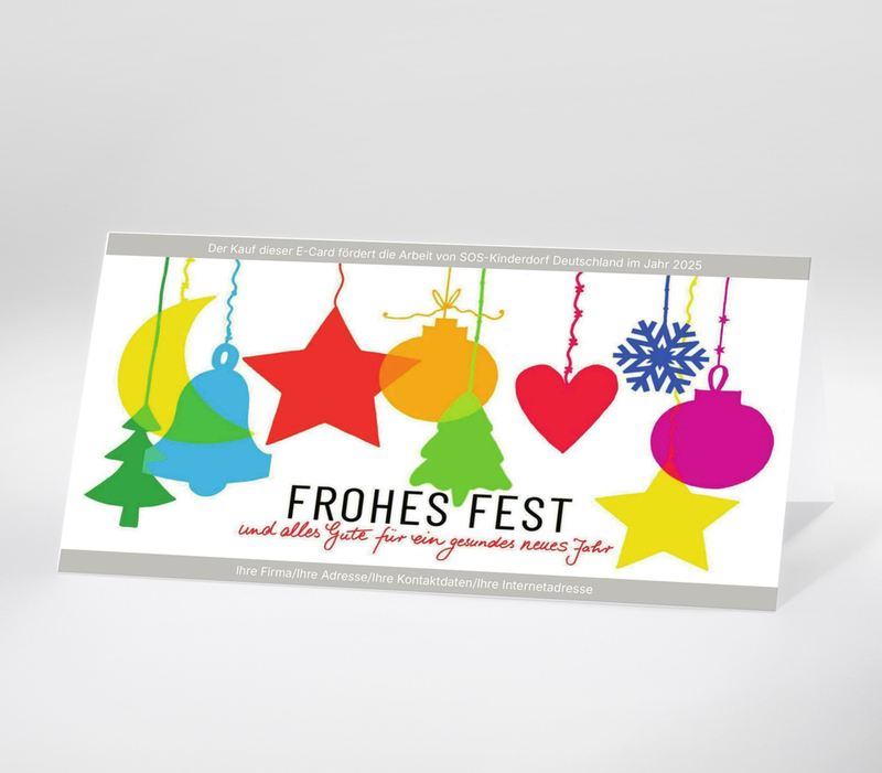 Digitale Weihnachtskarte mit bunten Weihnachtsmotiven vor weißem Hintergrund wie Sterne, Herzen und Glocken mit dem Schriftzug Frohes Fest.