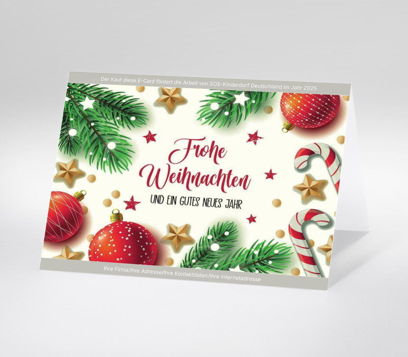 Digitale Weihnachtskarte die Illustration mit Tannenzweigen, Sternen und Zuckerstangen mit Text Frohe Weihnachten und ein gutes neues Jahr zeigt.