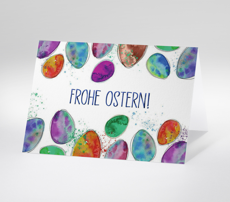 Osterkarte mit bunten Aquarell-Ostereiern und dem Text Frohe Ostern.