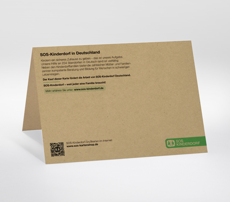 Rückseite mit SOS-Logo und Beschreibung der Arbeit von SOS-Kinderdorf