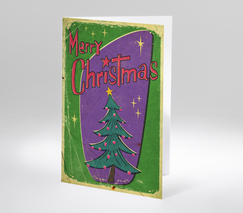Weihnachtskarte im Retro-Stil mit geschmücktem Baum und dem Text Merry Christmas.