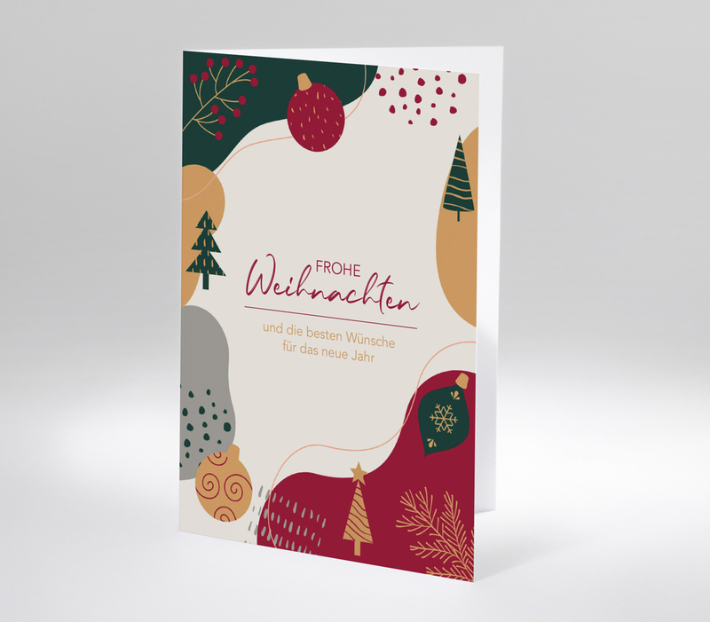 Moderne Weihnachtskarte mit grafischen Elementen und dem Text Frohe Weihnachten und die besten Wünsche für das neue Jahr.