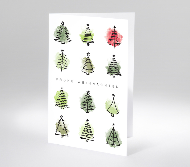 Minimalistische Weihnachtsbäume mit Aquarellhintergrund und Schriftzug Frohe Weihnachten