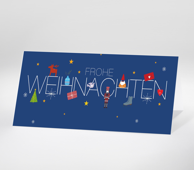 Weihnachtliche Grußkarte mit Schriftzug Frohe Weihnachten und festlichen Symbolen auf blauem Hintergrund