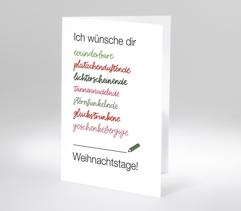 Weihnachtskarte mit kreativen Wortspielen und Platz zum Ergänzen