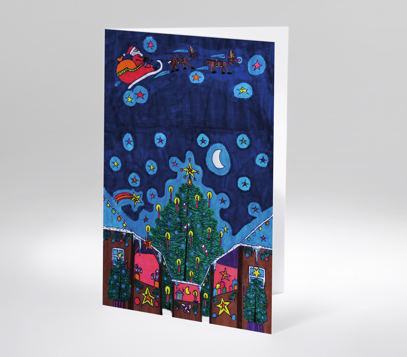 Bunte Kinderzeichnung mit Weihnachtsbaum, Häusern und fliegendem Weihnachtsmann im Schlitten