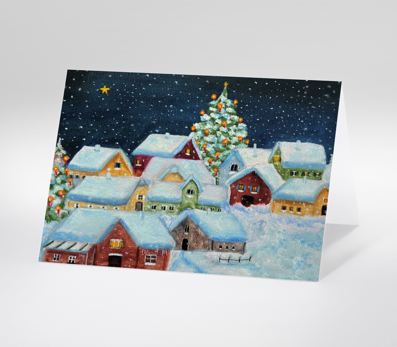 Gemaltes verschneites Weihnachtsdorf mit geschmücktem Weihnachtsbaum unter Sternenhimmel