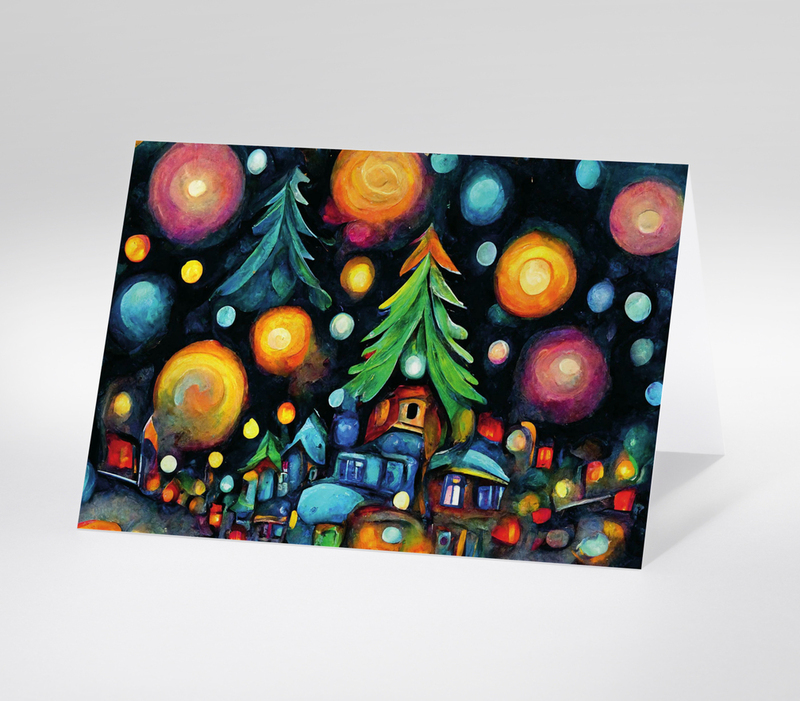 Weihnachtskarte mit gemalter nächtlicher Stadt und bunten Lichtern sowie stilisierten Weihnachtsbäumen