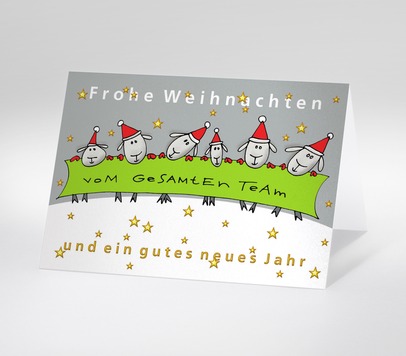 Illustration mit Schafen in Weihnachtsmützen und dem Schriftzug Frohe Weihnachten vom gesamten Team