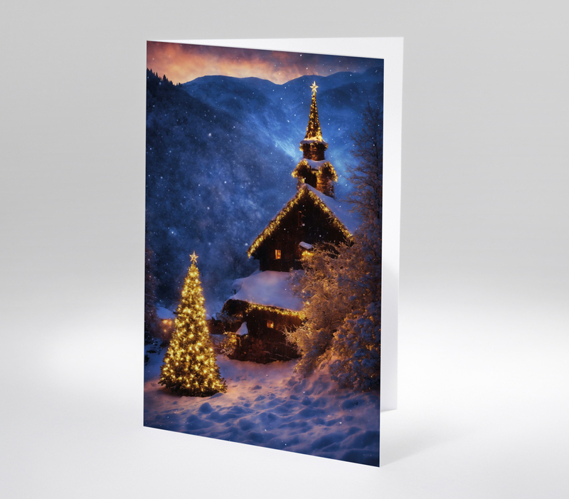 Winterliche Berghütte mit Lichterketten und beleuchtetem Weihnachtsbaum im Schnee bei Nacht