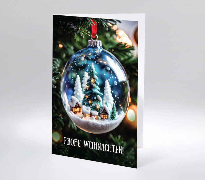 Glaskugel mit Miniatur-Weihnachtsdorf und Schneelandschaft am Tannenbaum mit Aufschrift Frohe Weihnachten