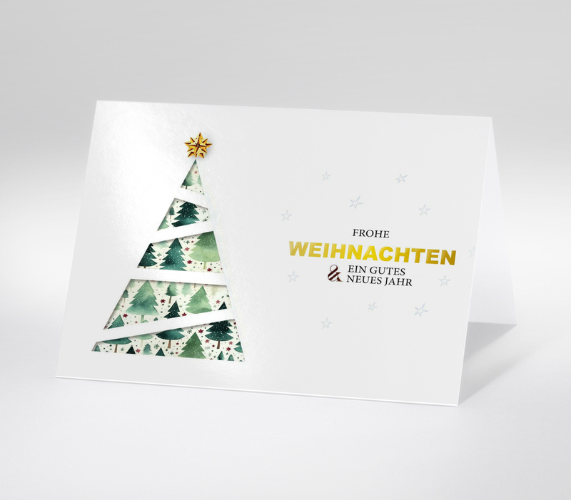 Weihnachtskarte mit modernem, grafischem Tannenbaum und goldener Aufschrift Frohe Weihnachten & ein gutes neues Jahr