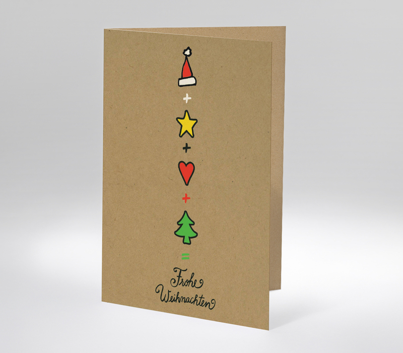 Grafische Weihnachtsillustration mit Mütze, Stern, Herz und Baum als Formel mit Aufschrift Frohe Weihnachten auf Kraftpapier